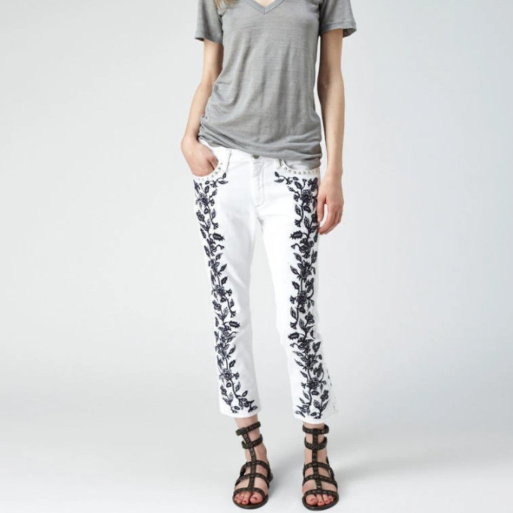 ISABEL MARANT/ gallo red white embroidered croped jean